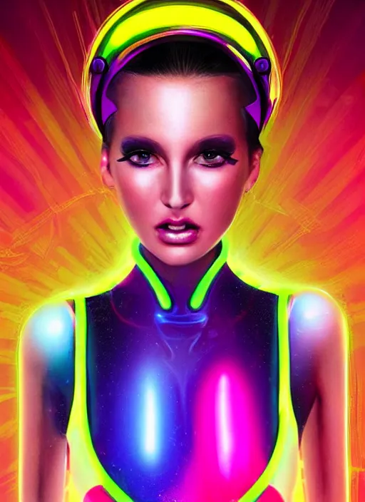 Image similar to gorgeous android woman facial portrait dressed in an aerobic sci - fi outfit of the eighties with neon colors and head band, retro, beautiful lights, vintage look, depth of field, hyper realistic, illustration, airbrush, 8 k, intricate, duo tone, art by david la chapelle and philip castle, artgerm