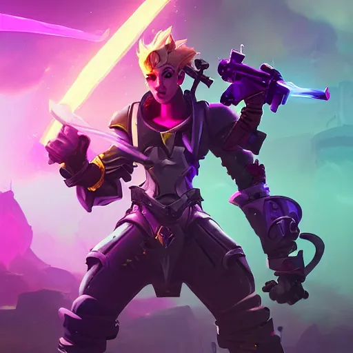 Prompt: a portrait of a young man from league of legends posing with a massive sword and futuristic rocket launcher, junkrat overwatch style, stylized, arcane magic, pink power, vaporwave, volumetric light from above, background by liam wong, art by ross tran + raymond swanland + marc simonetti + greg rutkowski + harumi hironaka