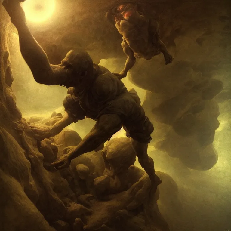 Prompt: selfie gopro footage, fisheye, man escaping hell, portrait painting, perfect composition, beautiful detailed intricate octane render, artstation, 8 k, photorealistic, volumetric cinematic light, chiaroscuro, masterpiece, raphael, bosch, caravaggio, beksinski, giger