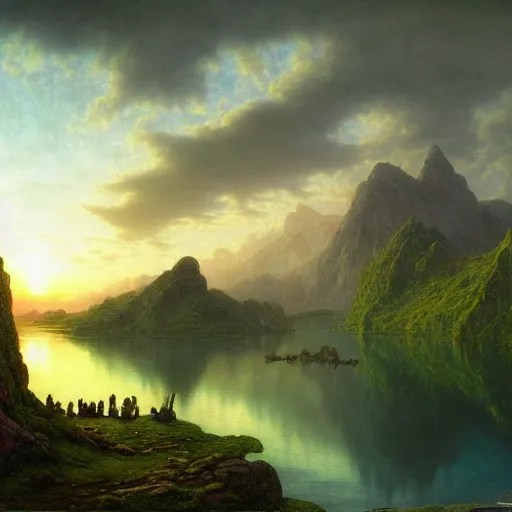 Image similar to a beautiful and highly detailed matte painting of the lost land by a beautiful lake, sunset, celtic, psychedelic, epic scale, insanely complex, hyperdetailed, sharp focus, hyperrealism, artstation, cgsociety, 8 k, bright colors, by caspar friedrich, albert bierstadt, james gurney, brian froud,