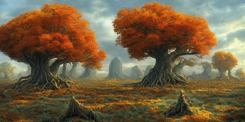Image similar to Fantastical open landscape by Ted Nasmith, giant world tree, roots, amber, autumn, digital painting, concept art, landscape