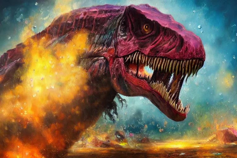 Image similar to highly detailed oil painting of a tyrannosaurus rex in a steaming colorful hotspring, featured on artstation