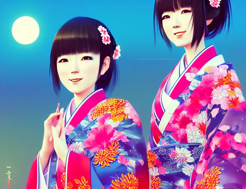 Image similar to two beautiful charming japan female superstar wear arty kimono in festival | | sunny night, festival,, realistic shaded, smile, good looking, hyper details, 4 k realistic, cryengine, realistic shaded lighting poster by ilya kuvshinov, fuji choko, ross tran, 8 k resolution, trending on artstation, luxury