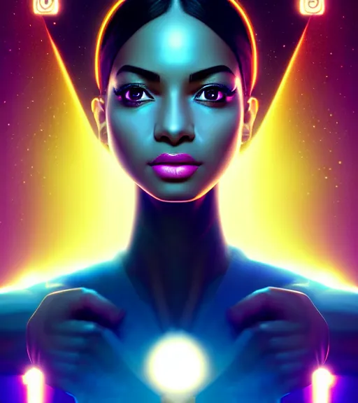 Image similar to symmetry!! egyptian princess of technology, solid cube of light, hard edges, product render retro - futuristic poster scifi, lasers and neon circuits, brown skin gorgeous egyptian princess, intricate, elegant, highly detailed, digital painting, artstation, concept art, smooth, sharp focus, illustration, dreamlike, art by artgerm