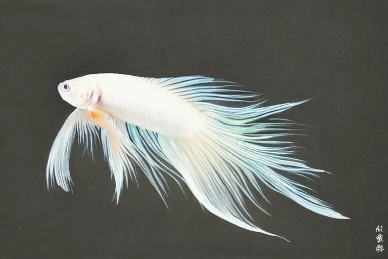 Image similar to a graceful iridescent white betta fish with long swirling fins, black-water-background, traditional Chinese painting