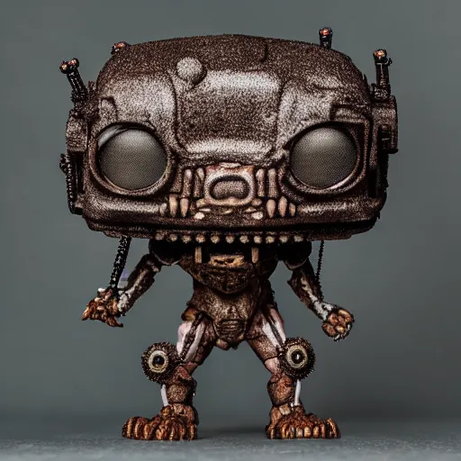 Prompt: funko pop doll of a terrifying lovecraftian giant mechanized attack dog taken in a light box with studio lighting, some background blur