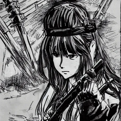 Image similar to manga style, black inking, modern warfare, portrait of a girl under artillery fire, trench sandbags in background, soldier clothing, long hair, hair down, symmetrical facial features, comic page, trending pixiv, black shadow patterns, by akihito yoshitomi, akiko higashimura