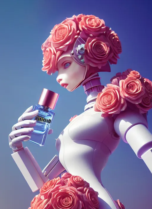 Image similar to mecha holding perfume bottle blooming from corals, daisies, roses contoured smooth fair walls carrying perfume bottle, up close shot, sharp focus, global illumination, radiant light, alexandre ferra white mecha, irakli nadar, octane highly render, 4 k, ultra hd,