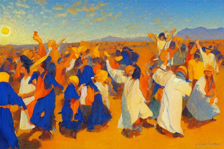 Image similar to detailed oil painting of a crowd of happy jews in the desert harvesting manna, yellow orange and blue color scheme, by sherree valentine daines and ross trann, biblical