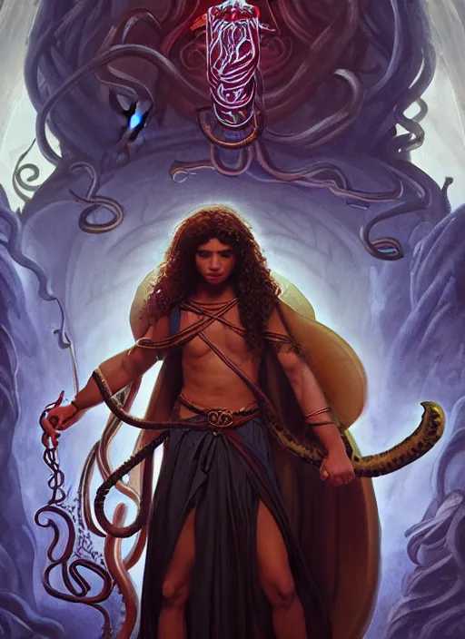 Prompt: modern movie poster of a young ancient greek warlock with magic lovecraftian tentacles in the background, dungeons and dragons artwork, dramatic lighting, digital painting, masterpiece, by leonardo da vinci, raphael, artgerm, greg rutkowski, vibrant colors