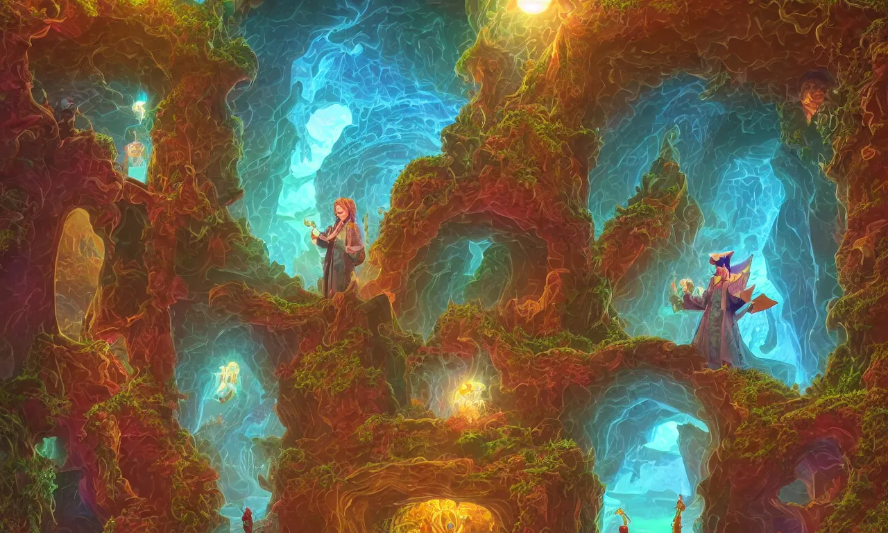 Image similar to large kerberos realm, wizard issues ticket close up, reading a directory, colorful ravine, 3 d art, digital illustration, perfect lighting