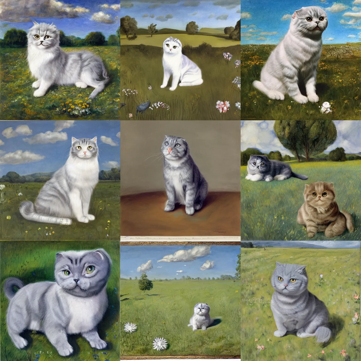 Prompt: a gray scottish fold sitting in the middle of sunny meadow, by dorothea tanning
