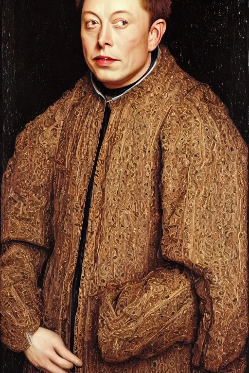 Image similar to portrait of elon musk, oil painting by jan van eyck, northern renaissance art, oil on canvas, wet - on - wet technique, realistic, expressive emotions, intricate textures, illusionistic detail