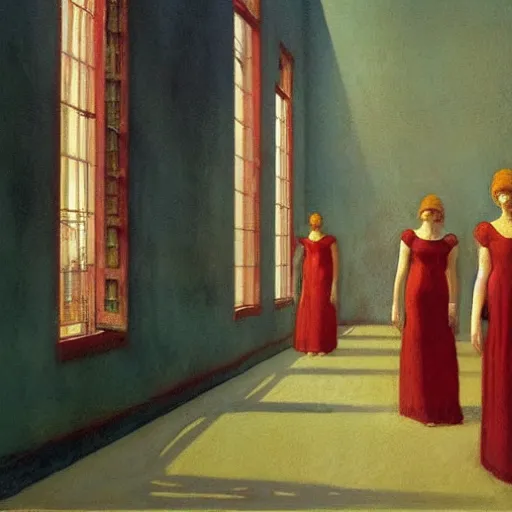 Image similar to procession of red and gold women in a soviet abandoned temple, dripping watercolor by hammershøi, highly detailed, art nouveau wallpaper, lights by edward hopper, liminal, eerie, pastel colors, limited palette