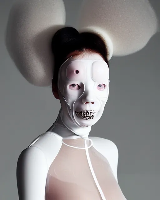 Prompt: portrait of a woman wearing a white embroidered translucent silicone mask and white pink frizzy hair buns, wearing a black bodysuit by alexander mcqueen, cream white background, soft diffused light, biotechnology, humanoide robot, bjork aesthetic, translucent, by rineke dijkstra, intricate details, highly detailed, masterpiece,