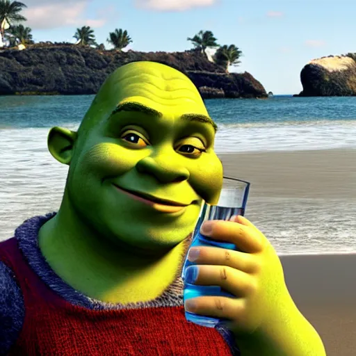 Prompt: shrek drinking alcohol on a beach