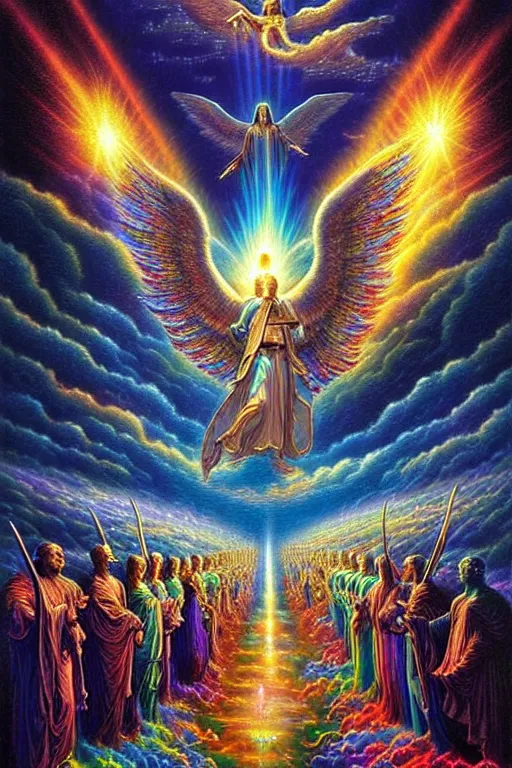 Prompt: a photorealistic detailed cinematic image of iridescent guardian spirits guiding a departed soul to the afterlife. powerful, triumph, glory, depth perspective, astonishing, met by friends and family, overjoyed, by pinterest, david a. hardy, kinkade, lisa frank, wpa, public works mural, socialist