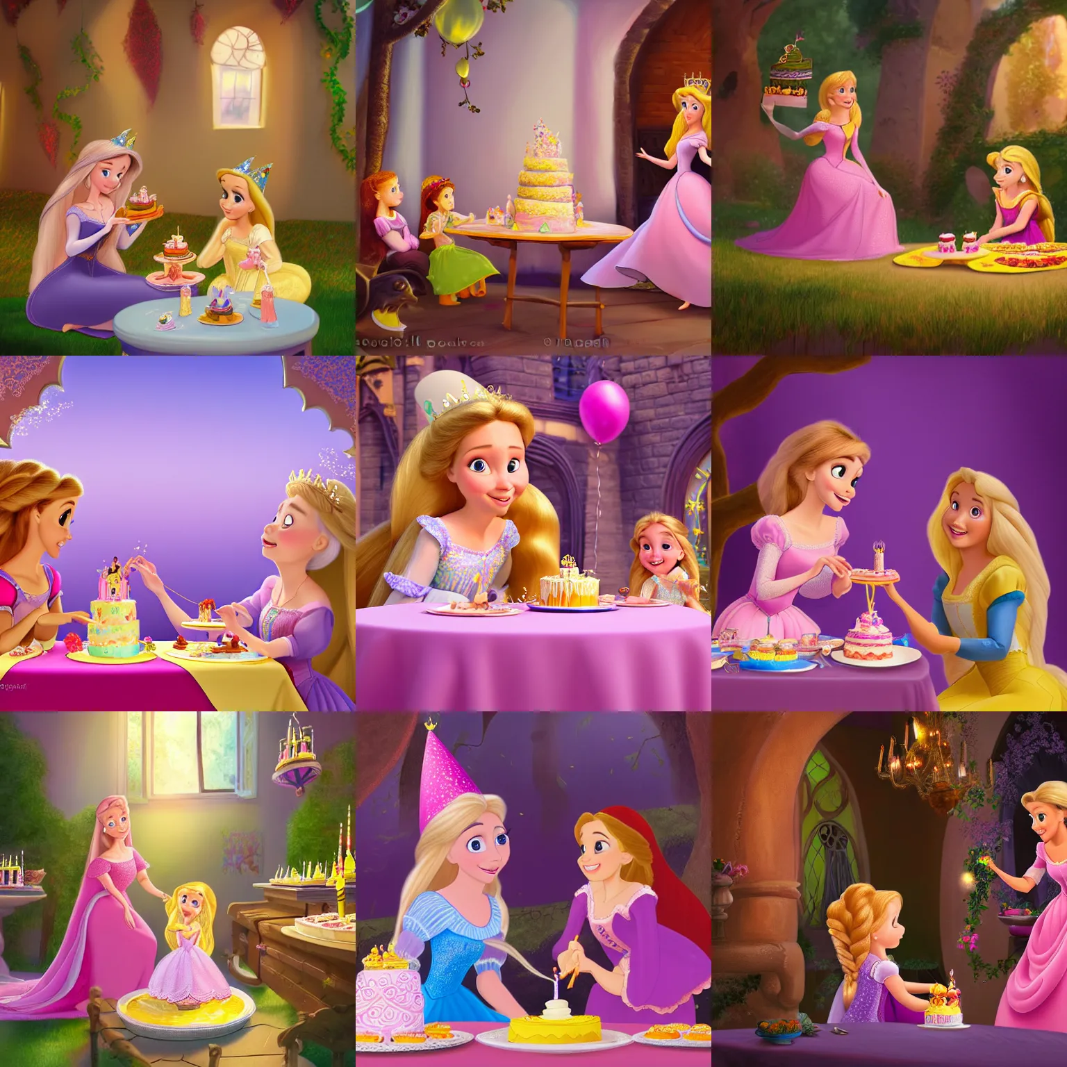 Prompt: a children's book illustration of rapunzel and disney princess sophia at a birthday party eating cake. brightly lit scene. this 4 k hd image is trending on artstation, featured on behance, well - rendered, extra crisp, features intricate detail, epic composition and the style of unreal engine.