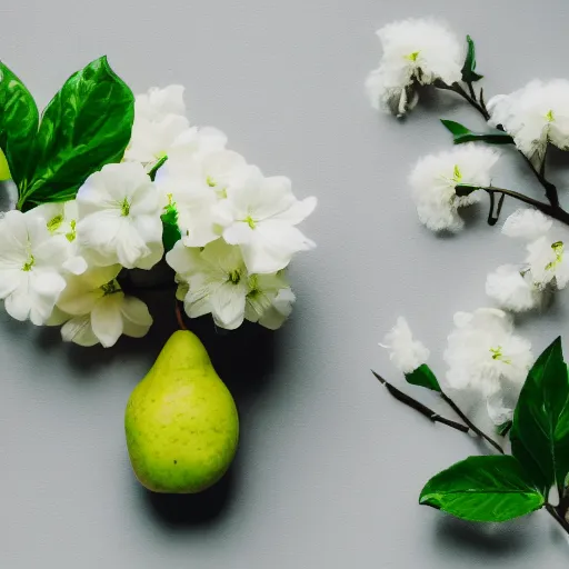 Image similar to juice bottle surrounded by white flowers, green leaves, and pears, soft zen minimalist, white background, bright, crisp