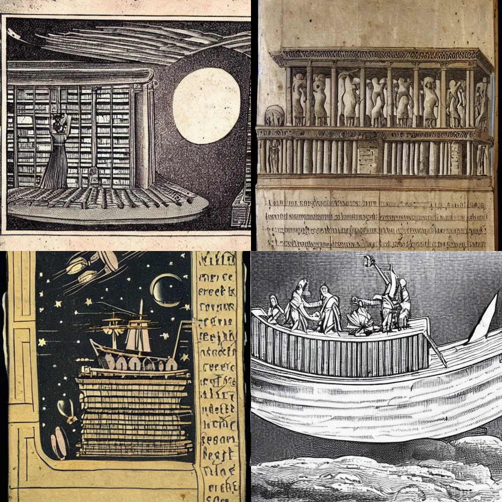 Prompt: an ancient illustration of a roman library ship traveling through space