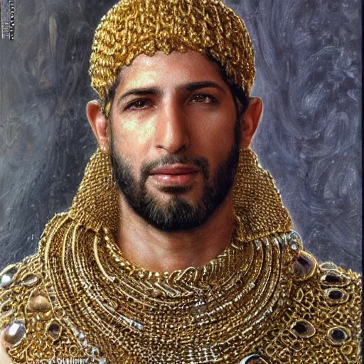 Prompt: portrait, bachir gemayel wearing chain mail, intricate, elegant and proud, wearing gold jewelry over his head, highly detailed, very realistic centered, smooth, sharp focus, very detailed face, art by donato giancola and brian froud