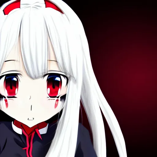 Image similar to white hair, red eyes, two small horn on the head, anime style, anime girl,