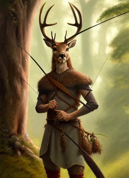 Image similar to a film still portrait of a deer elven archer, finely detailed features, cinematic lighting, perfect art, brian jacques redwall woodland, forest, intricate, artstation, trending on pixiv fanbox, painted by brian jacques greg rutkowski, studio ghibli, fantasy, 4 k