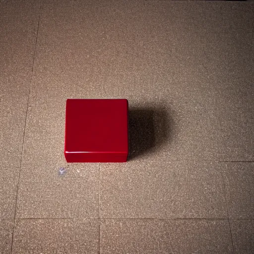 Prompt: a red metallic cube on floor