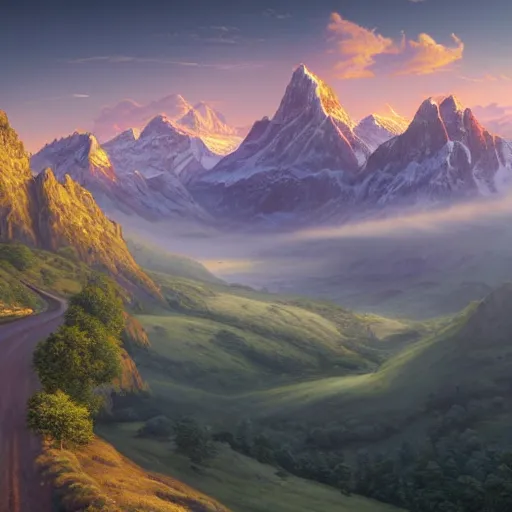 Prompt: Beautiful hyperrealistic detailed matte painting of a Landscape of the road with a view of the Swiss Alps with Lost Vibes in the foreground and distant mountains in the background, during hot summer, in the morning, a delicate mist, by andreas rocha and john howe, and Martin Johnson Heade, featured on artstation, featured on behance, golden ratio, ultrawide angle, f32, well composed, cohesive