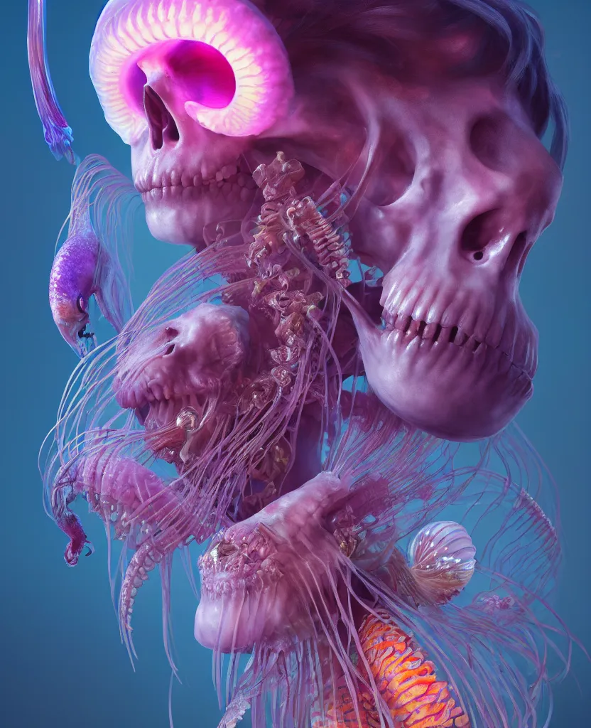 Image similar to goddess close - up portrait human skeleton, ram skull, jellyfish, orchid, betta fish, bioluminiscent, intricate artwork by tooth wu and wlop and beeple. octane render, trending on artstation, greg rutkowski very coherent symmetrical artwork. cinematic, hyper realism, high detail, octane render, 8 k