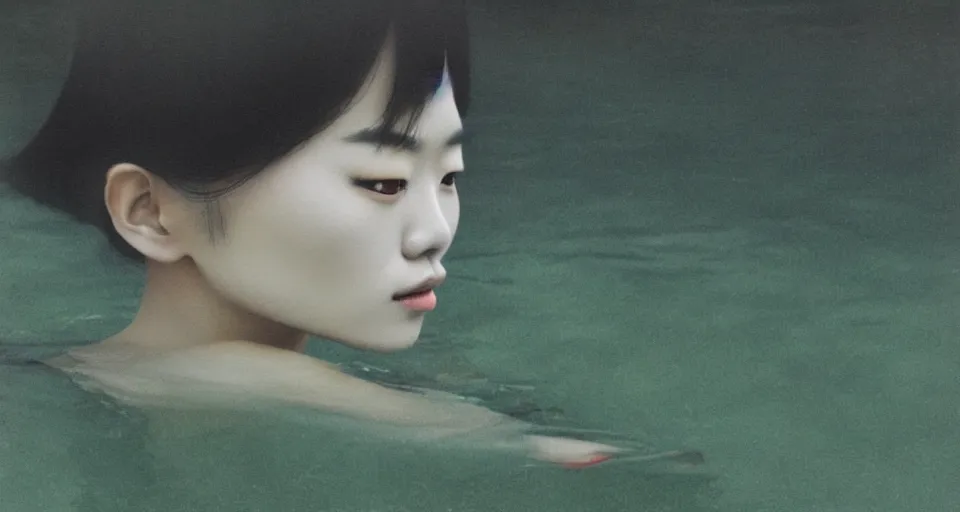 Prompt: medium closeup shot, flash long exposure photography of asian woman fashion posing in the lake, photograph by ren hang, digital illustration by ruan jia, sharp focus, high details