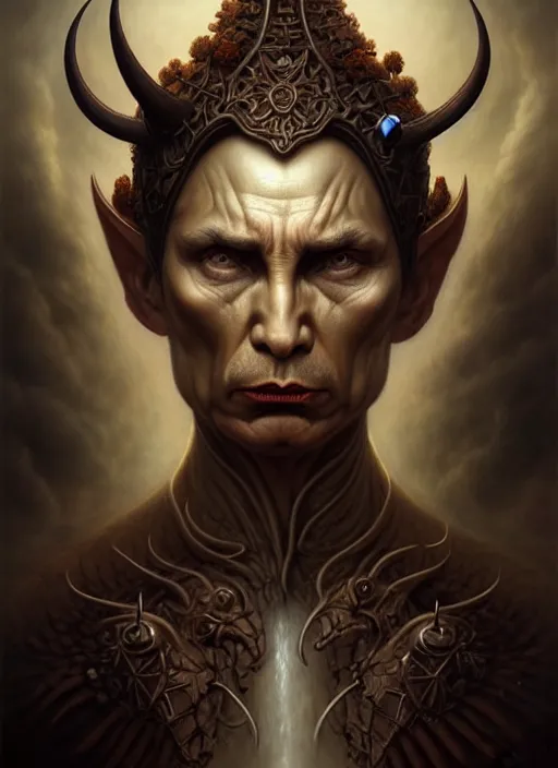 Image similar to putin as an devil, aesthetic, fine art, intricate, elegant, highly detailed, realistic hair, centered, digital painting, art station, conceptual art, soft, sharp focus, illustration, artwork, artgerm, tomasz alen kopera, peter mohrbacher, donato giancola, wlop, boris vallejo