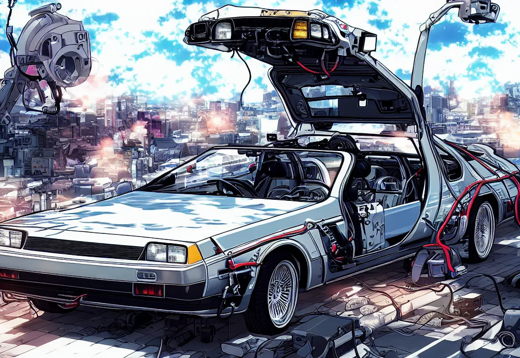 Prompt: An anime art of one delorean, digital art, 8k resolution, anime style, high detail, lowrider style, wide angle