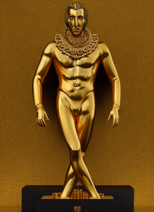 Image similar to stylized gold onyx ornate statue full body made of marble of nicholas cage, perfect symmetrical body, perfect symmetrical face, hyper realistic, hyper detailed, by johannen voss, by michelangelo, octane render, blender, 8 k, displayed in pure white studio room