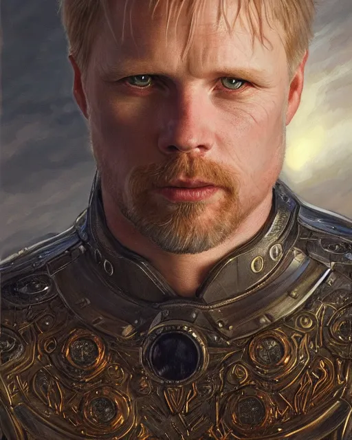 Image similar to handsome arthur pendragon portrait, highly detailed, very intricate, cinematic lighting, closeup painted portrait, by donato giancola and rossdraws and magali villenueve, featured on artstation