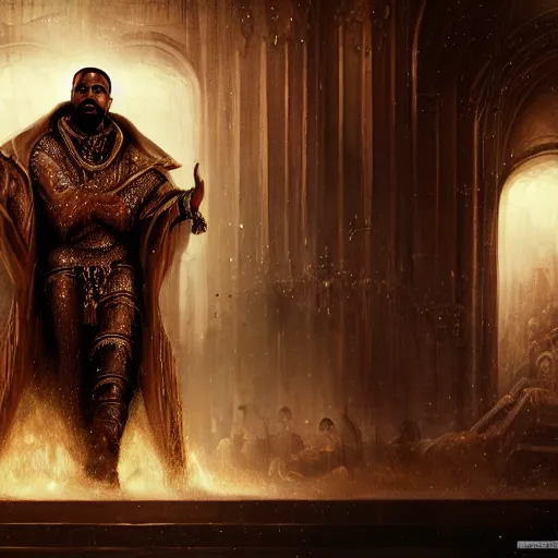 Image similar to Portrait of Kanye West as the god-emperor of mankind, amazing splashscreen artwork, splash art, natural light, elegant, intricate, fantasy, atmospheric lighting, cinematic, matte painting