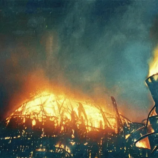 Image similar to a cyberpunk imagining of the hindenburg burning to the ground