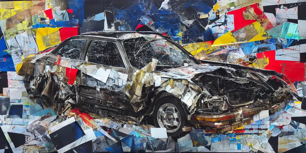 Image similar to car crash test, collage paper and tape, acrylic on canvas, hyperrealism mixed with expressionism, high resolution, cinematic, unreal 6 breathtaking detailed, by blake neubert