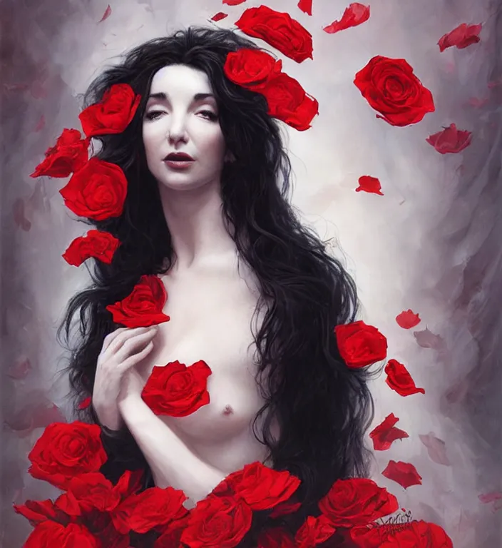 Prompt: portrait of kate bush, lush black hair, pale skin, red rose petals, flowing material, ruffled velvet background, intricate, beautiful cinematic lighting, stuning painting by artgerm and ruan jia and android jones