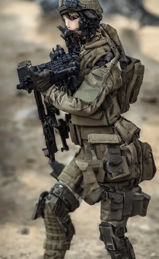 Image similar to an escalating violent firefight, highly detailed, high resolution, action figure of female soldier, collection product, stunning, girls frontline style, bokeh soft, 100mm, trending on instagram, by professional photographer, realistic human anatomy, realistic military carrier, modern warfare, realistic weapon, shot with a arriflex 35 ii, low saturation