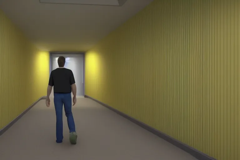 Image similar to 3 d render of jerma 9 8 5, jerma walking around in the backrooms, jerma walking in endless halls of completely empty office space with worn light mono - yellow 7 0 s wallpaper, old moist carpet, and inconsistently - placed fluorescent lighting | liminal space | non - euclidean space | high octane | blender | 3 d render