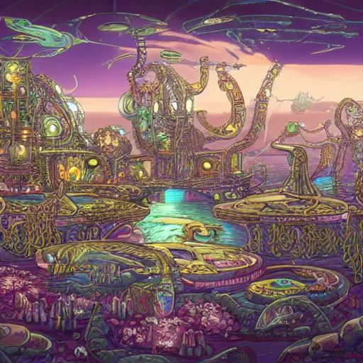 Prompt: mythical dreamy organic translucent bio-mechanical overpopulated underwater sci-fi steampunk city with seahorses, highly detailed, intricate crystal jelly steampunk ornate, in Rick and Morty art style