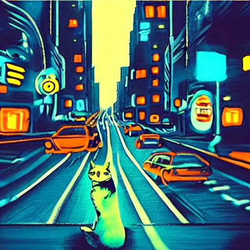 Image similar to neon city with a cat in the road cinematography