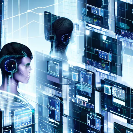 Image similar to human cyborgs wired into a wall of computers, cyberpunk noir