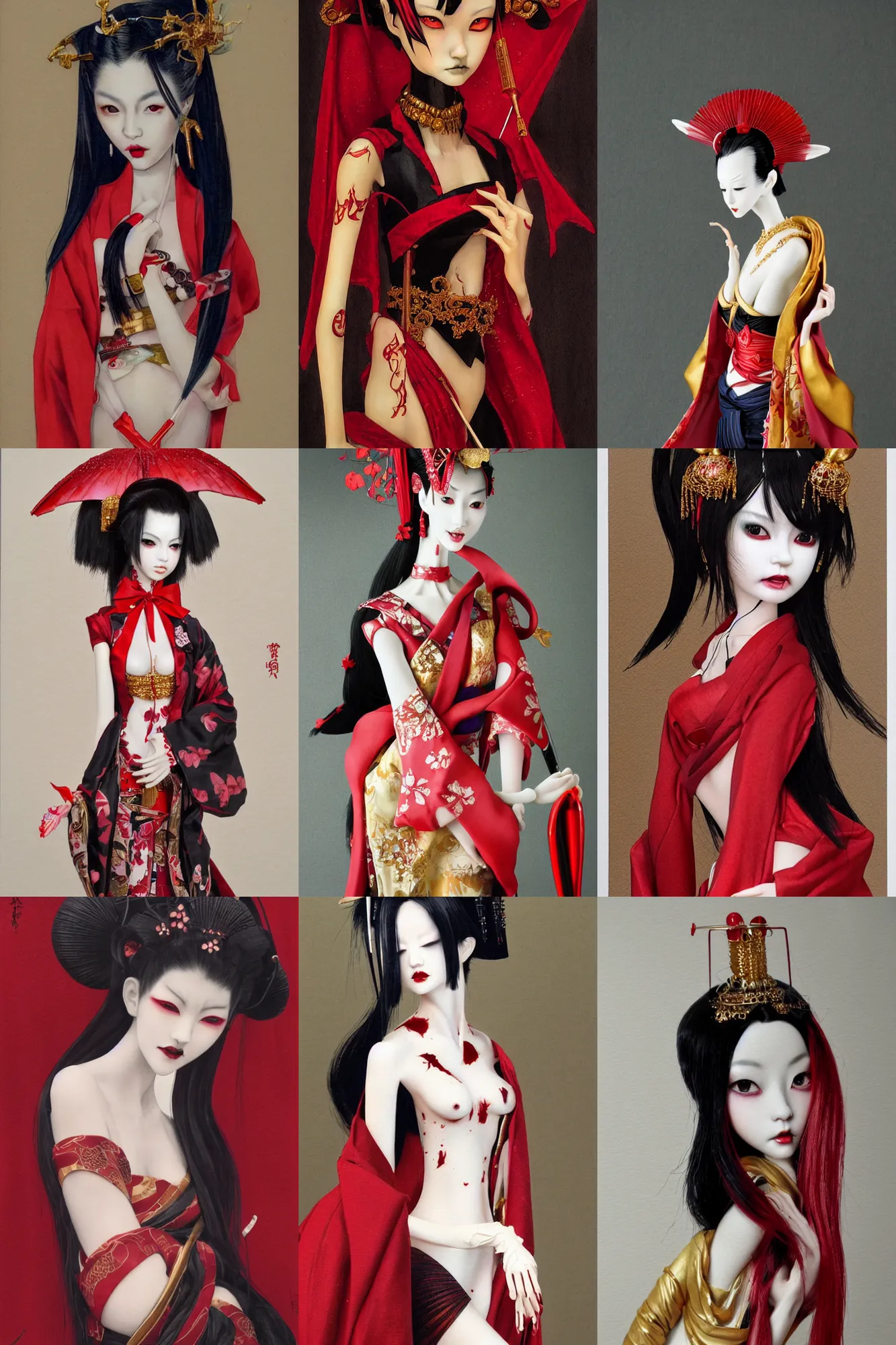 Prompt: watercolor painting of a japanese bjd geisha vampire with a long neck by hajime sorayama, irakli nadar, amy sol, dark - fantasy, red, gold, black