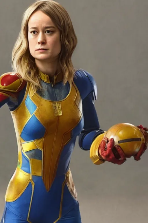 Image similar to Brie Larson as Samus Aran in her zero suit, baby Metroid nearby