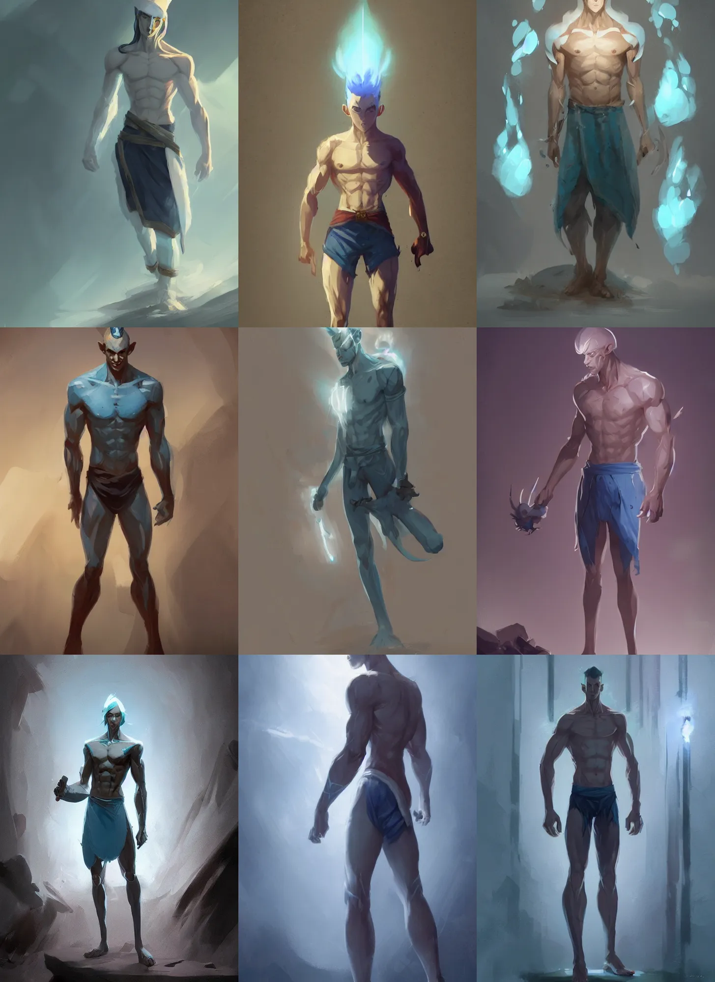 Image similar to a calm young adult male muscular slim blue elf with gey light clothes character design by greg rutkowski