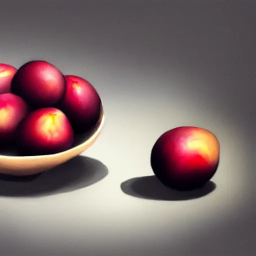 Image similar to concept art of a single bowl filled with a few moist freshly picked plums on a wooden table. painting, illustration, volumetric lighting, highly detailed, small scale, art, trending on artstation.