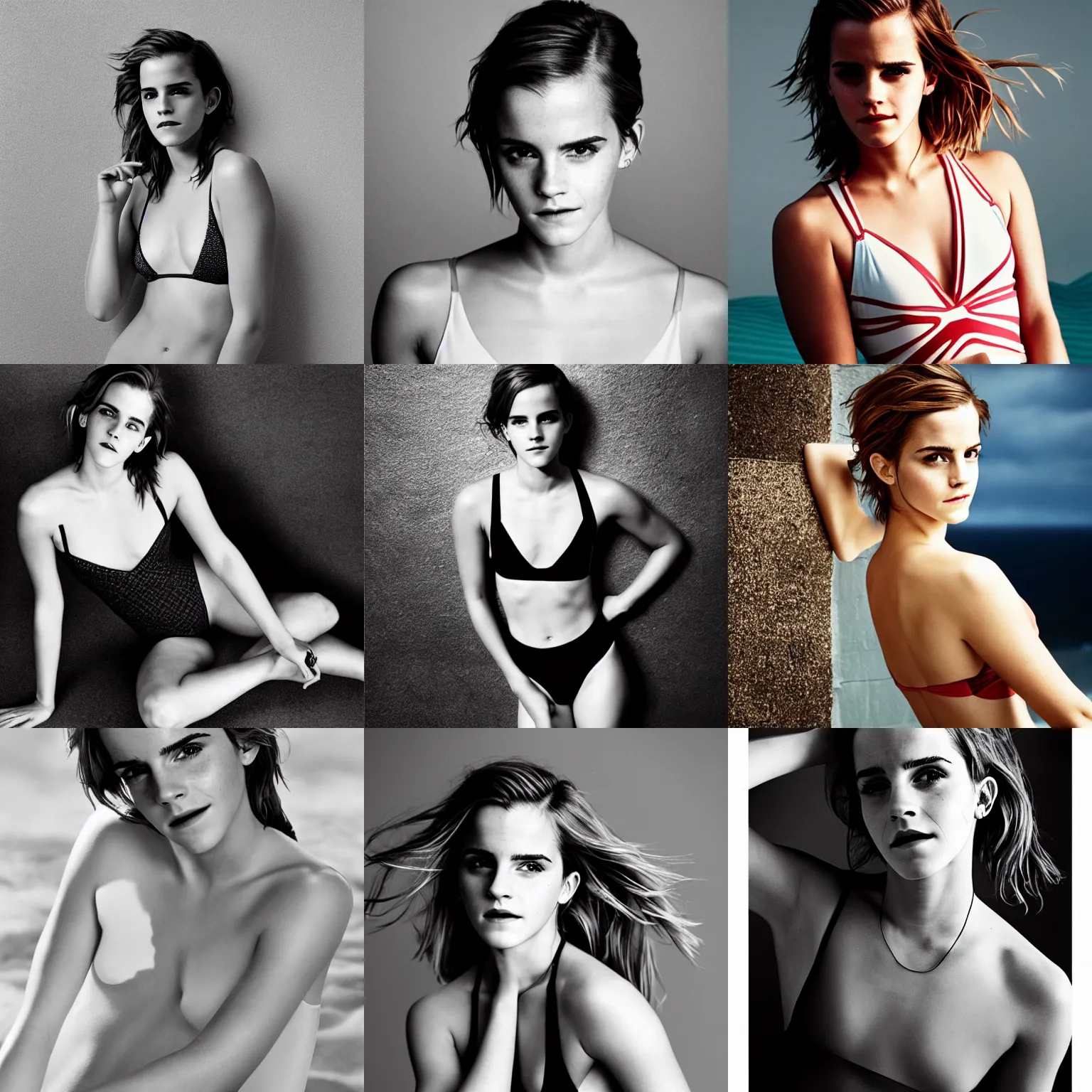 Prompt: Photo of Emma Watson in swimsuit, soft studio lighting, photo taken by Kenneth Willardt for Abercrombie and Fitch, award-winning photograph, 24mm f/1.4