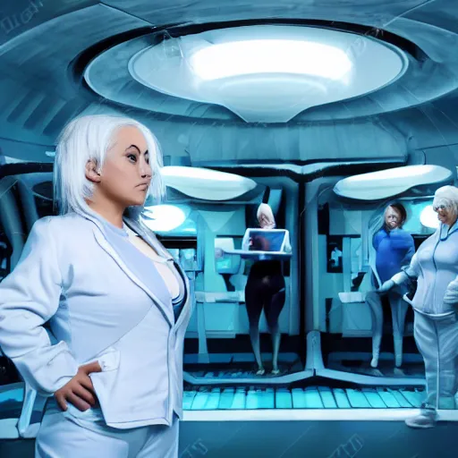Image similar to formation of determined chubby women with white hair, white hair, tight light blue neopren suits, futuristic production facility, sci - fi, highly detailed, cinematic